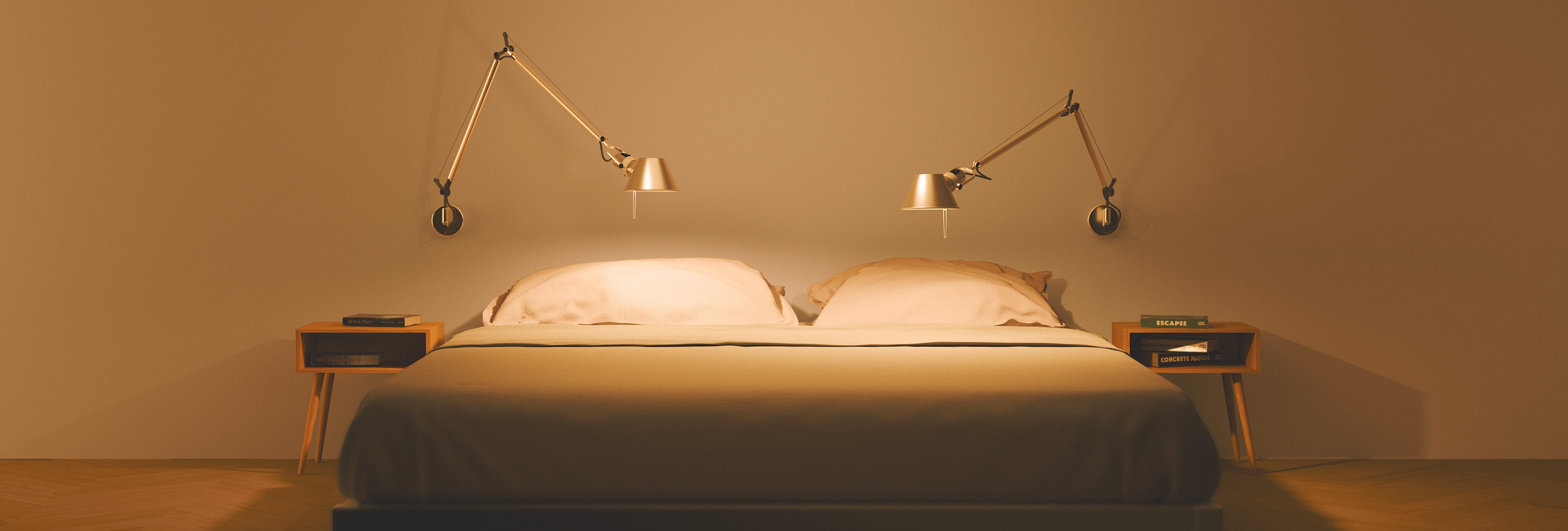 A cozy bedroom with two Tolomeo lamps pointing downwards, emitting warm 2700K light with 98+ CRI to create a relaxing evening atmosphere, perfect for unwinding.