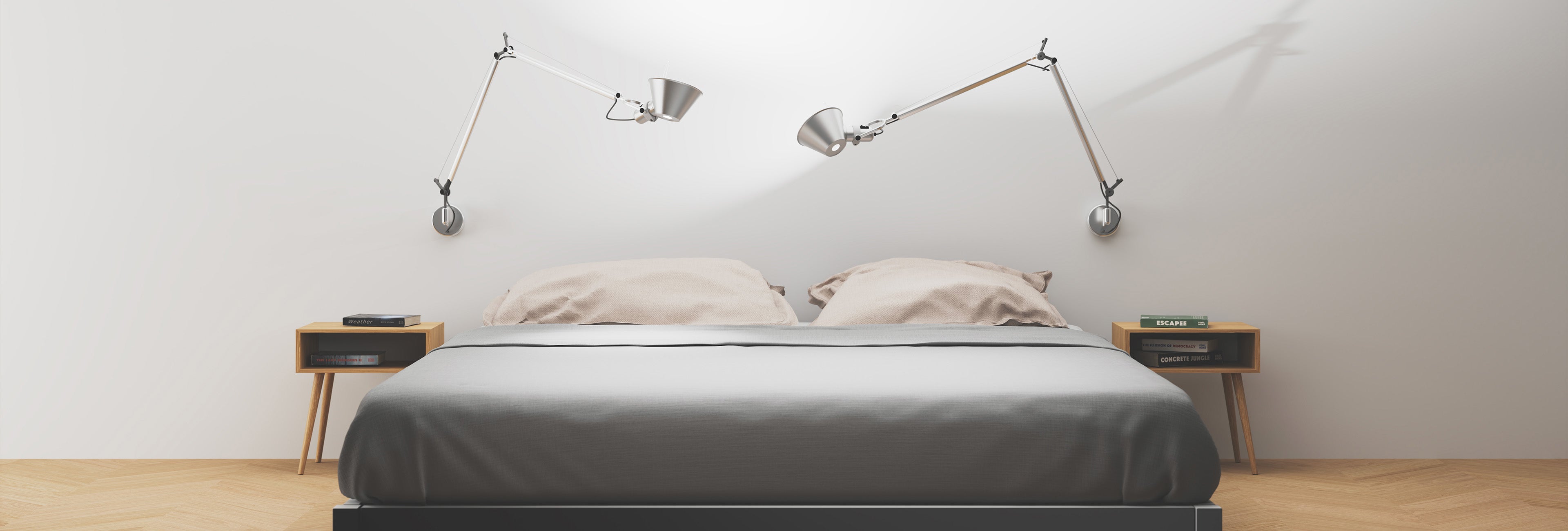 A modern bedroom featuring two Tolomeo lamps angled upwards, emitting vivid 4000K wide spectrum light with 98 CRI to simulate the morning sun and create an ideal waking environment.